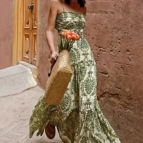 Army Green Boho Women's Vacation Printed Bohemian Backless Maxi Cami Dress - Picture 3 of 9